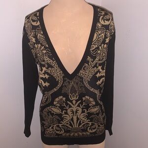 GF FERRE Gianfranco Ferre Deep V Neck Baroque Holiday Sweater Gold an…